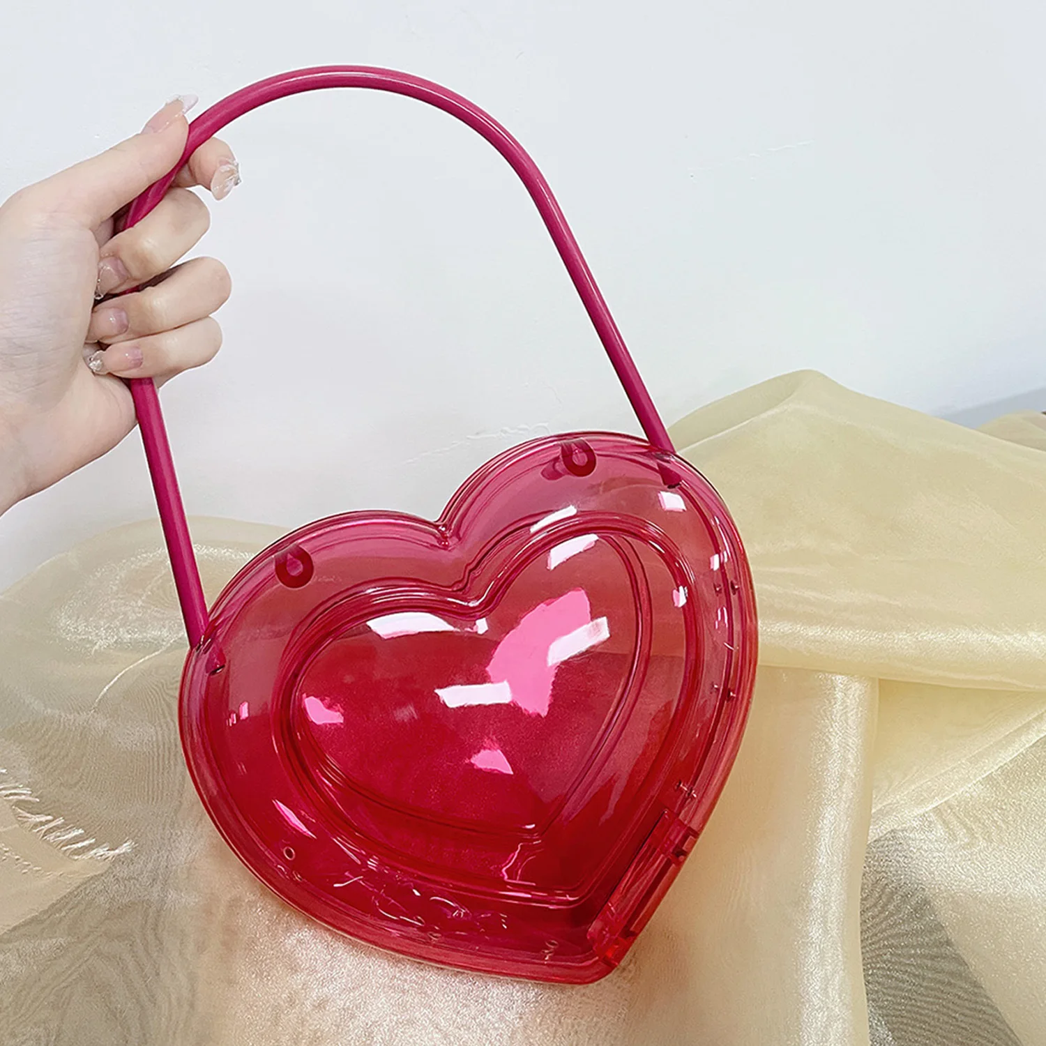 Women Acrylic Heart Bag Ladies Evening Party Pouch Pink Clutch Purse Fashion Transparent Handbag Banquet Female Handle Bags