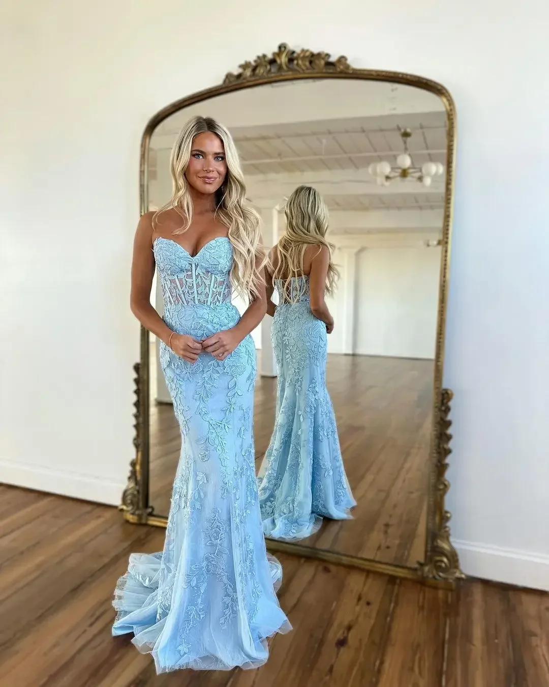 

Sky Blue Evening Dresses 2024 Long Lace Appliques Mermaid Sweetheart Sweep Train Corset Back Sleeveless Prom Party Gowns Women