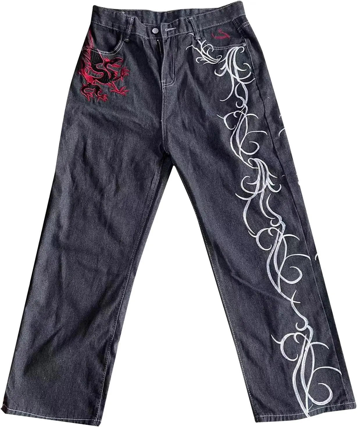 Y2K American Retro Gothic Jeans Women Trendy Embroidered Pattern Denim Trousers Men Harajuku Straight Loose Wide Leg Pants 2