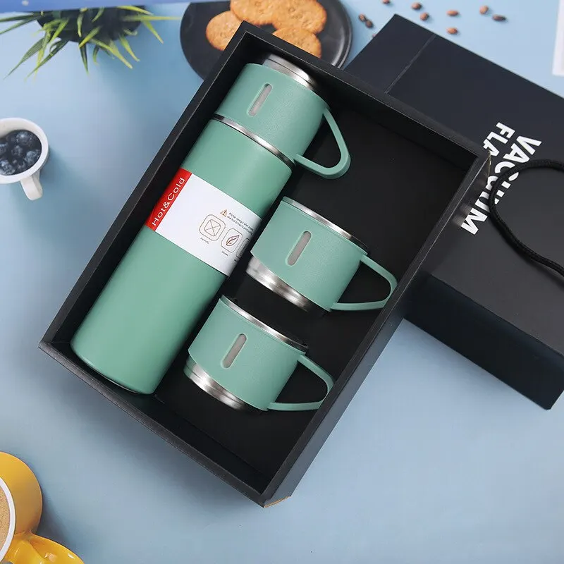 Stainless steel insulated Coffee Thermos with Cup,double-layer vacuum  portable water cup with three lids gift set cup 