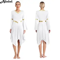 Womens Modern Lyrical Dance Dress Church Choir Worship Liturgical Performance Costume Long Sleeve Irregular Hem Gown Dancewear