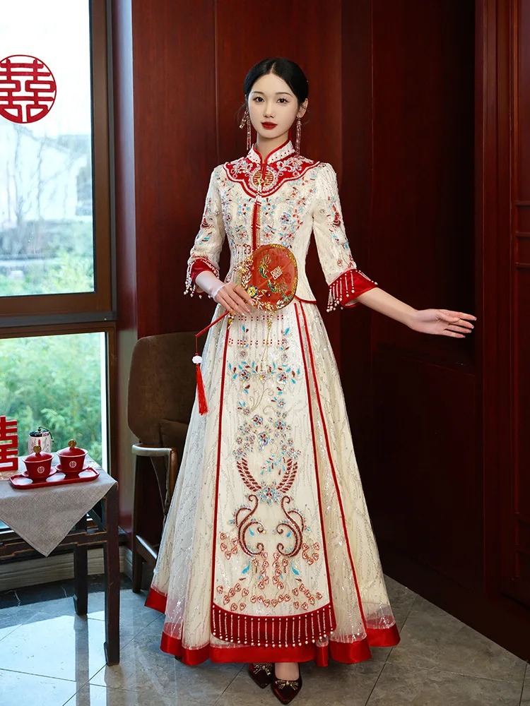 

Beading Embroidery Bride Costume Toast Clothing Elegant Sequin Wedding Dress Vintage Traditional Chinese Women Marriage Set