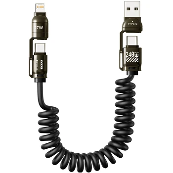 Cavo dati per auto a molla 4 in 1 a ricarica rapida da 240 W compatibile con CarPlay per iPhone Samsung Huawei iPad Cavo di ricarica USB C