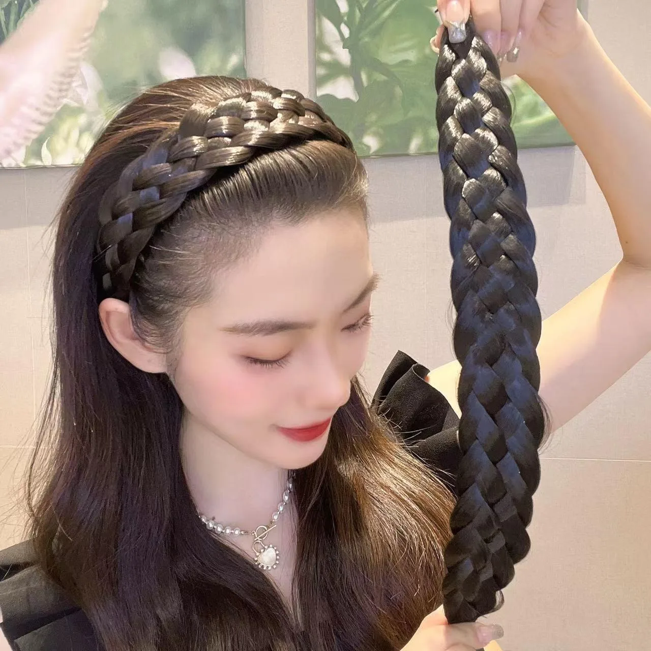 Damen Synthetische Perücke mit geflochtenen Haarbändern, modische Zöpfe, Haar-Accessoires, Bohemian Natur-Stirnband, dehnbar für Partys – Detail 2