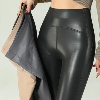 2025 Fall Winter High-Grade Fleece PU Leather Leggings Women High Waist Hip Lift Tight Sexy Faux Leather Warm Leggings 1