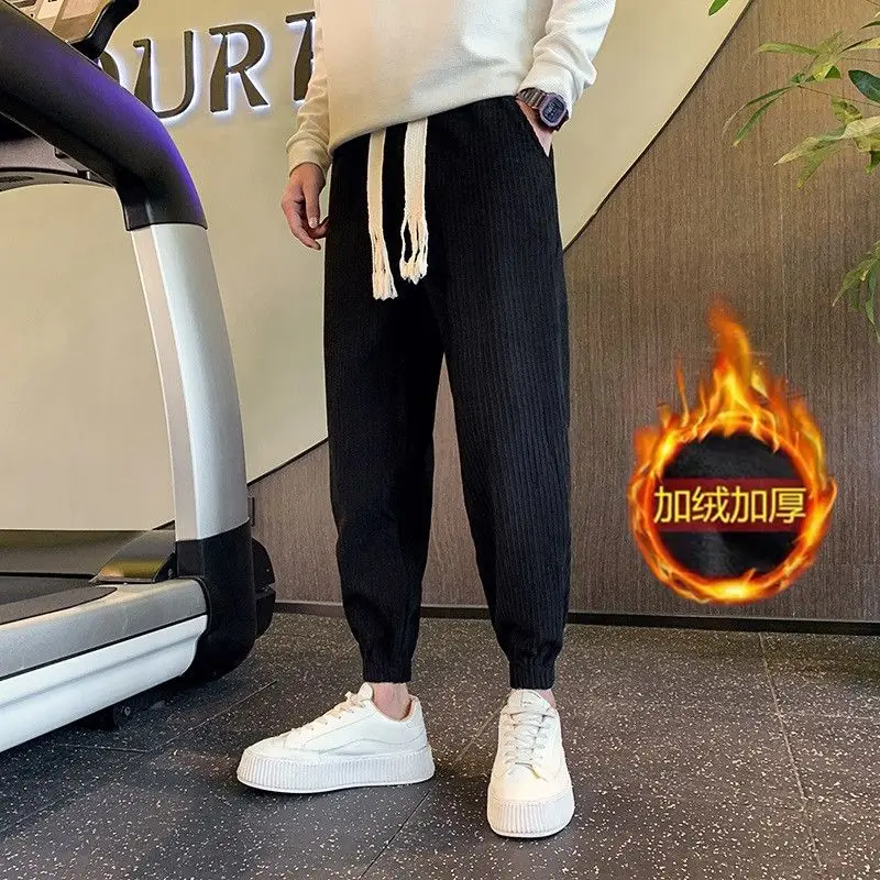 Autumn Winter Solid Color Fashion Elastic Waist Ankle Length Pants Man High Street Casual Thicken Warm Pockets Haren Trousers