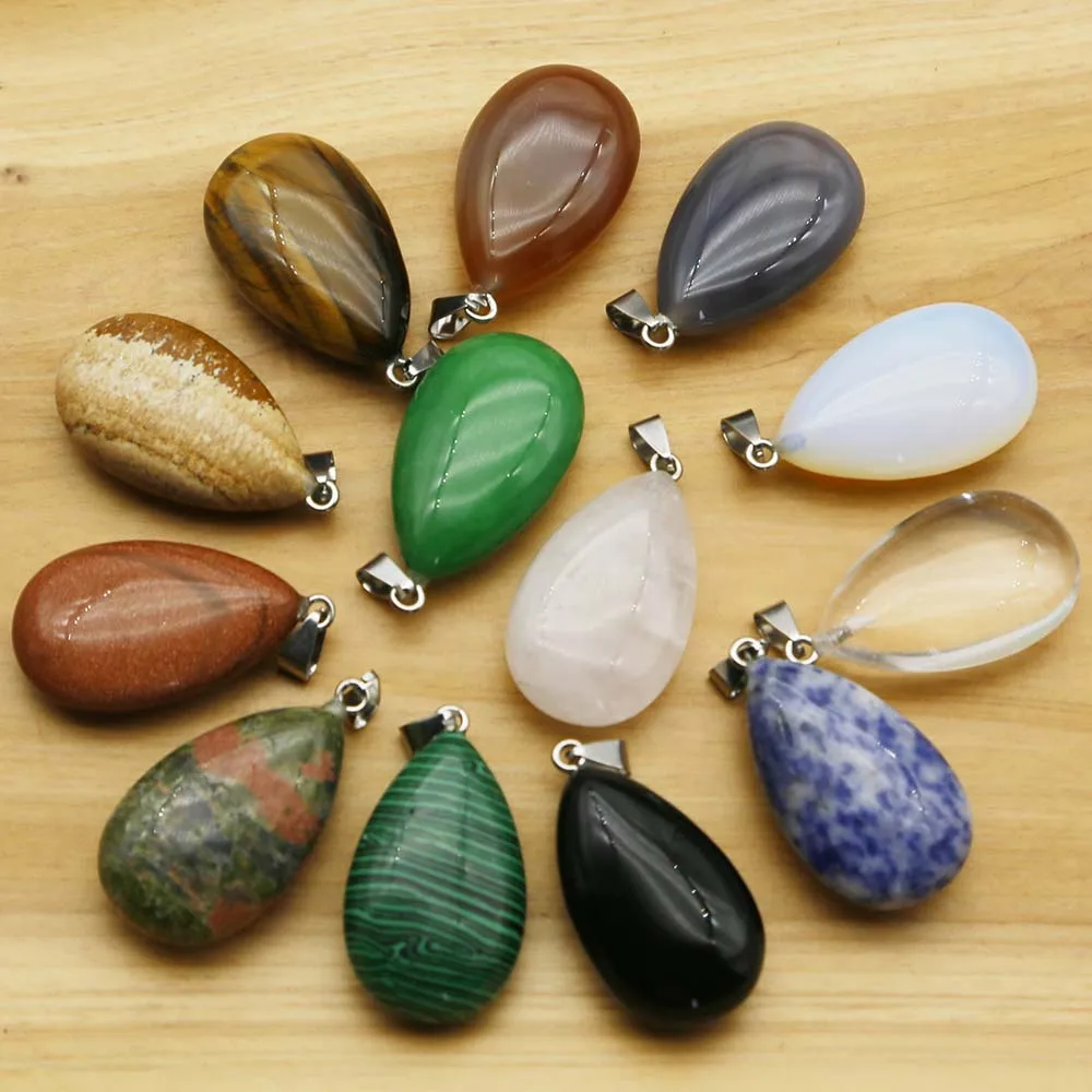 Natural Semi Precious Stone Crystal Agate Pendant Water Drop Necklace Mineral Healing Charms Diy Making Jewelry Accessories 6Pcs