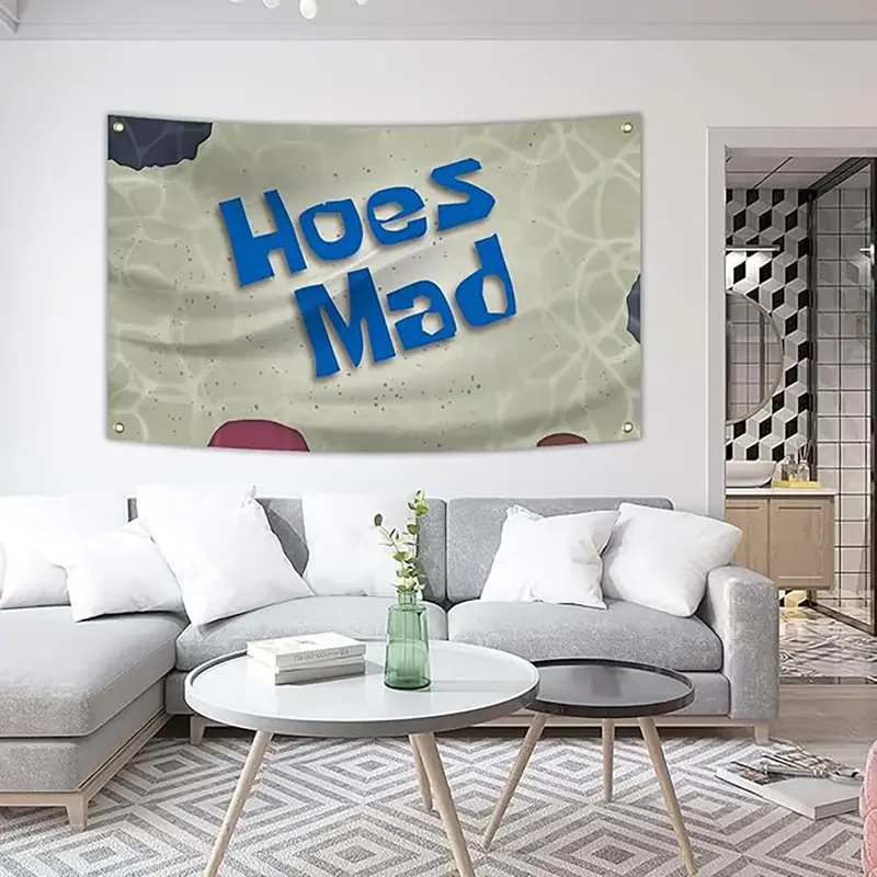 VIKAMA Lustiger „Hoes Mad“ Meme-Wandteppich aus Polyester im Spongebob-Stil, Wandbehang, ästhetische Wohnheimdekoration, Heimdekoration – Detail 2