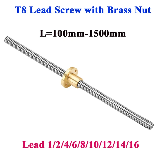 T8 สกรูตะกั่ว THSL-300-8D Trapezoidal Rod T8 CNC 3D เครื่องพิมพ์สกรูตะกั่วด้าย 8 มม.1/2/4/6 ความยาว 100-1000 มม.ทองเหลือง 1