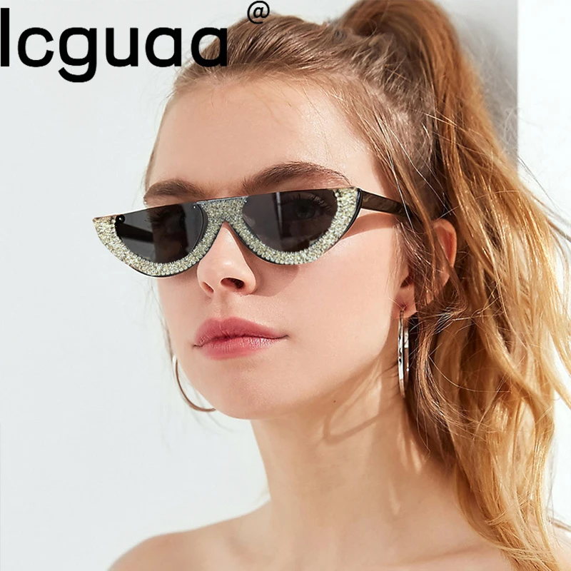 Mezza Montatura Luxury Brand Designer Occhiali Da Sole Con Diamanti Rosa Per Donna Waning Moon Crystal Occhiali Da Sole Lunettes De Soleil Femme