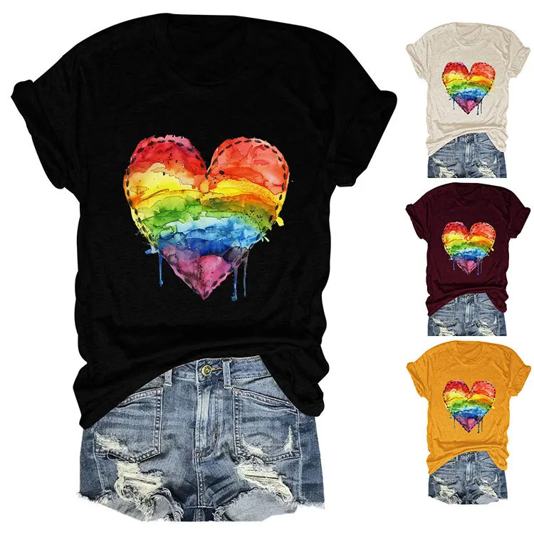 Summer crew-neck rainbow print T-shirt loose casual short-sleeved top fashion jumper