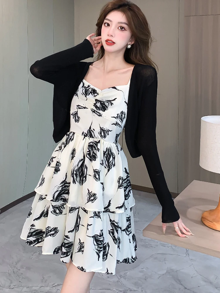 

Summer Floral Chic Tierred Sling Short Dress+Black Knitted Cardigan Two Piece Sets 2024 Women Korean Fashion Elegant Dress Suits