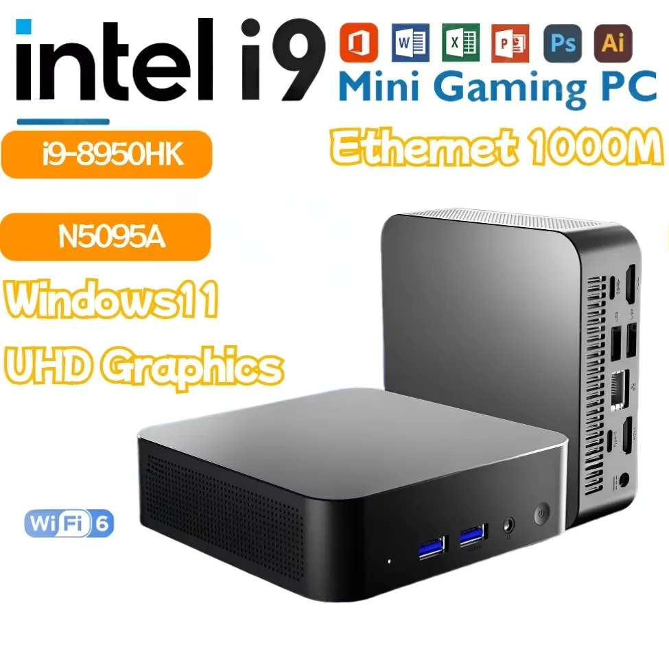 Intel Core i9 8950HK 또는 Celeron N5095A 게이밍 미니 PC Windows 11 Pro 16GB DDR4 1TB 2TB M.2 SSD WiFi 6 UHD 그래픽 미니 PC