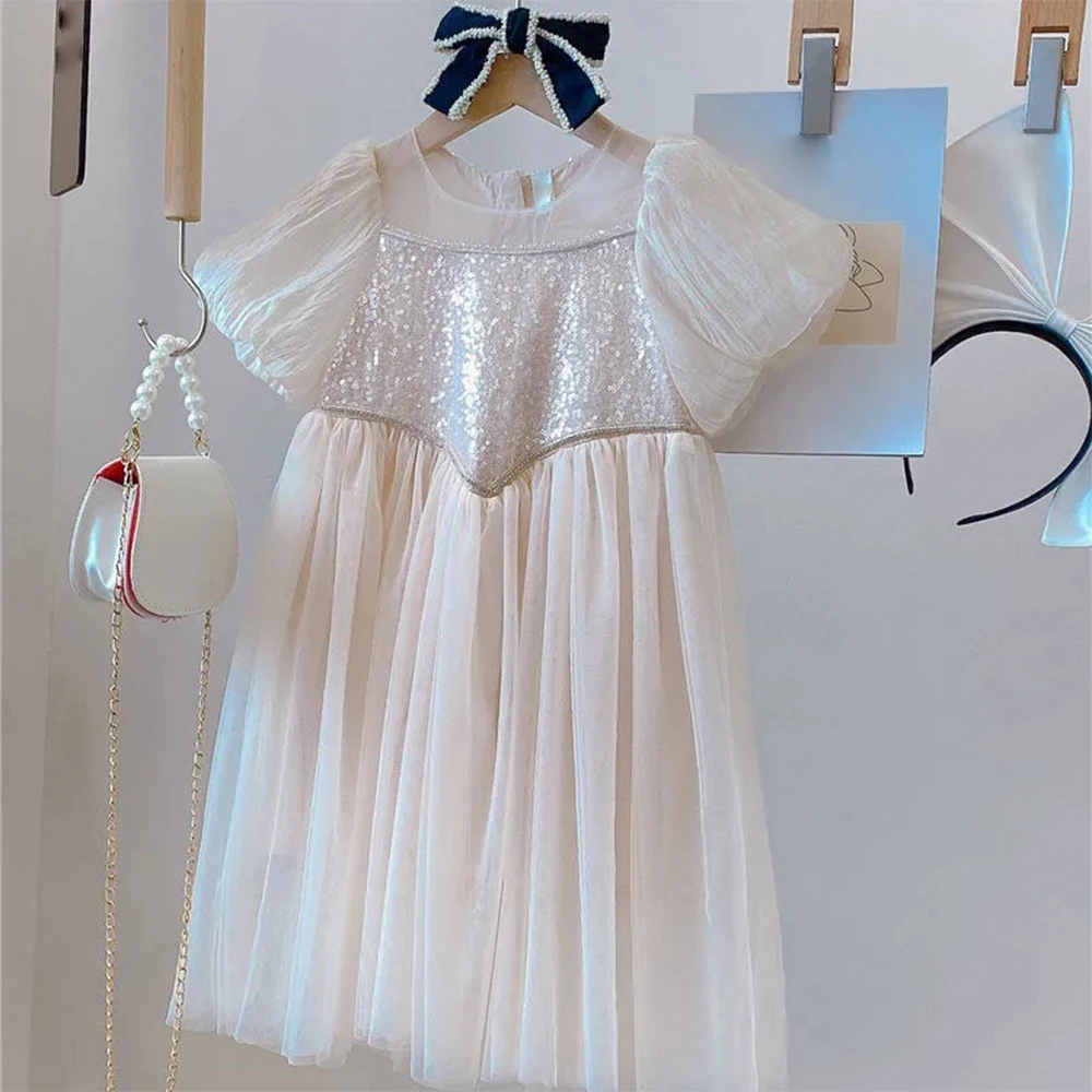 

Sweet Summer Sequins Dress New Fashion Kids Mesh Princess Birthday Party Dresses Vestidos Children's Clothing Girls Baby Clothes