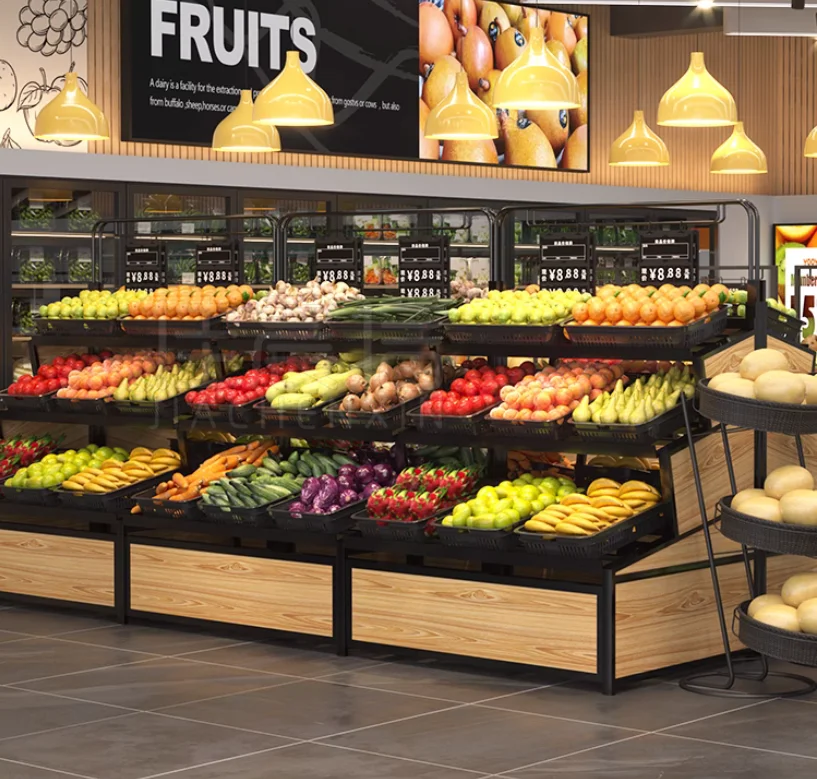 Étagères de fruits et légumes, centres commerciaux, supermarchés, étagères de légumes, magasins de fruits, étagères d'exposition de légumes