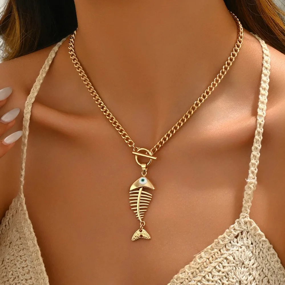Y2K Punk Gold Color Fish Bone Pendant Chunky Chain Necklace for Women Men Fashion Vacation Choker Collarbone Chain Jewelry Gifts