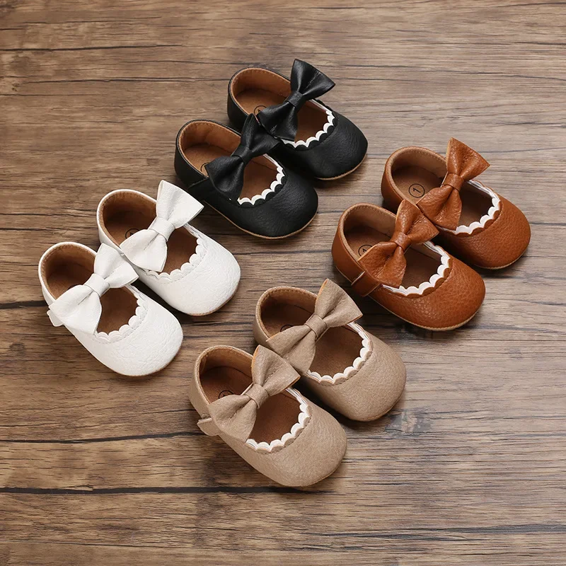 White Apricot Brown Baby Girl Princes Shoes Infant Toddler Bowknot First Walkers Non-slip Rubber PU Soft-Sole Flat Shoes E26 2