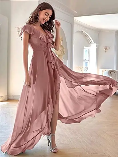 

V Neck Bridesmaid Dresses High Low Chiffon Ruffle Sleeves Prom Dresses Formal Evening Party Gown for Women