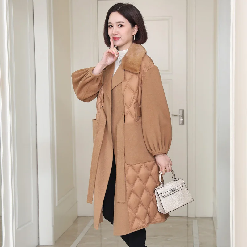 

2023 Snow clothes women winter warm real mink fur collar goose down long coat lace-up double face wool coats for lady пуховик же