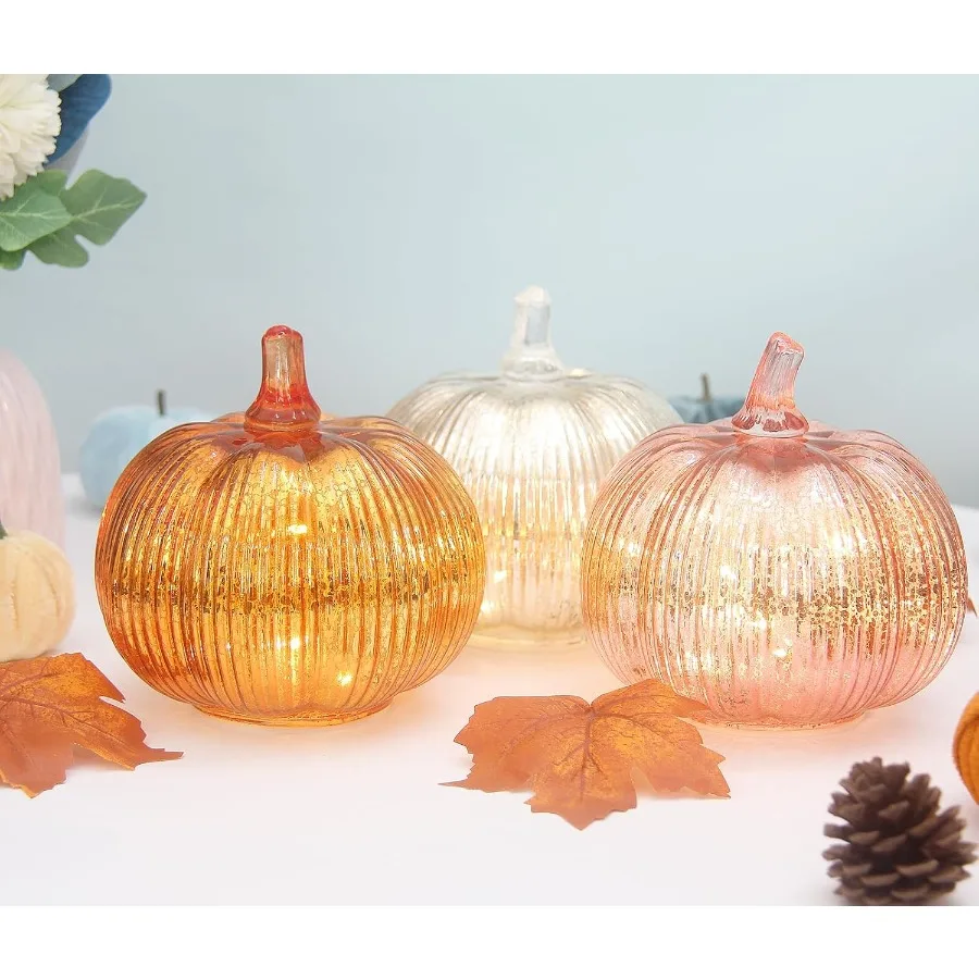 Batteryoperated mercury glass pumpkin lights with timer feature perfect for Halloween and fall decorations ideal for Thanksgivi