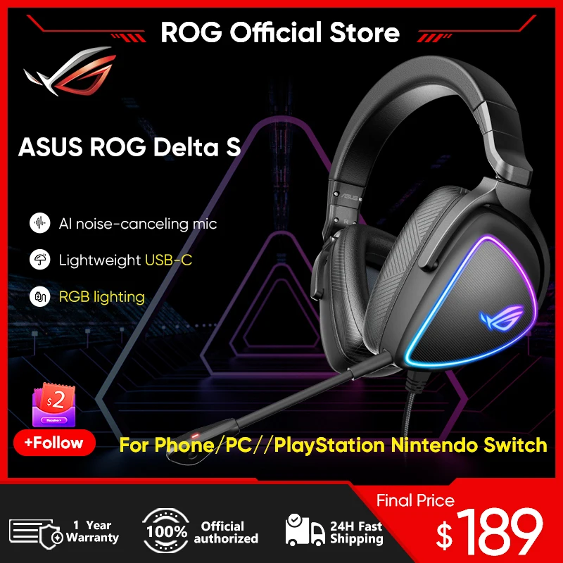 ASUS ROG Delta S Wireless Gaming Headset (AI Beamforming Mic, 7.1 Surround  Sound, 50mm Drivers, Lightweight, Low-latency, 2.4GHz, Bluetooth, USB-C,  For PC, Mac, PS4, PS5, Switch, Mobile Device)- Black 