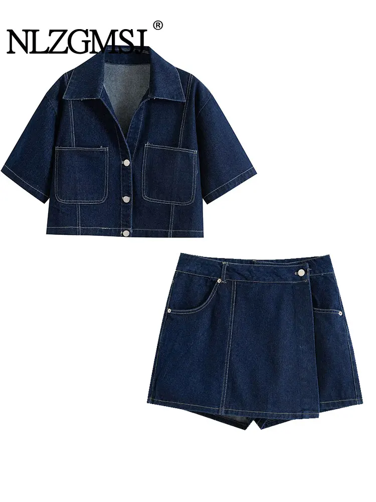 Nlzgmsj Summer Women's Casual Sets Fashion Mini Skirt Shorts Sets Denim Short Shirt Top Sets For Women Street Women Outfit