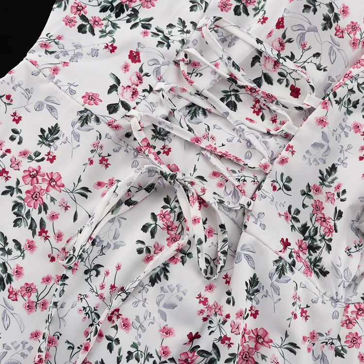 Printed Ruffled V-Neck Mini Dress Female Short Sleeve Fashion Slim High Waist Elegant Party Dress Women's Summer Dress New