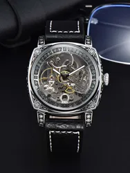 LONGLUX Retro Style Skeleton Carve Leather Waterproof Automatic Men's Watch (Silvery black)