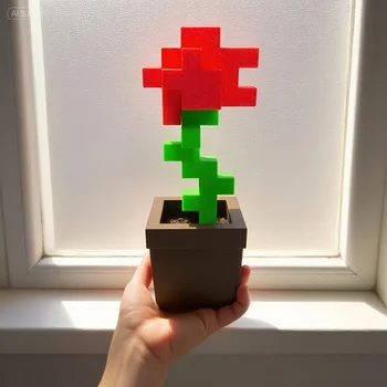 1 Piece Pixel Rose Flower Ornament, 3D Printed Unique Flower Decoration, Plastic Product, Suitable for Bedside Table, Desktop 1