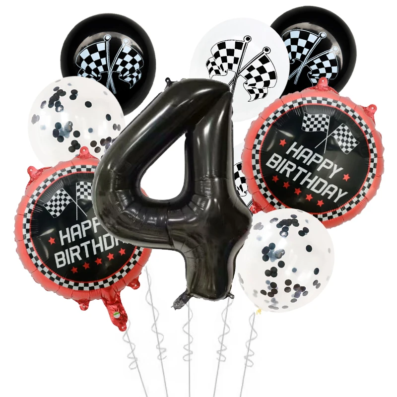 Auto-Rennballons, Verkehrskegel, schwarz, weiß, karierte Flaggen, Rennrad, Reifen, Folienballon, Kinderauto, Geburtstag, Party-Dekorationen – Detail 5