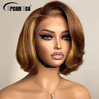 Perruque Bob Lace Frontal Wig brésilienne Remy, cheveux courts à reflets blonds, densité 200, partie latérale, 13x4, coupe Pixie, pour femmes 1