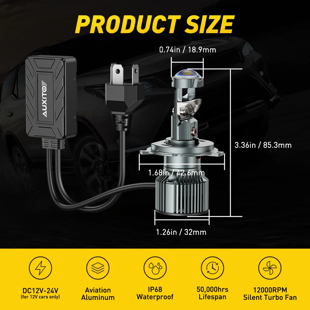 AUXITO 프로젝터 H4 LED 헤드라이트 4300K 터보 캔버스 전구 9003 HB2 상하향등 헤드램프 12V LHD 미니 렌즈 110W 30000LM 2개