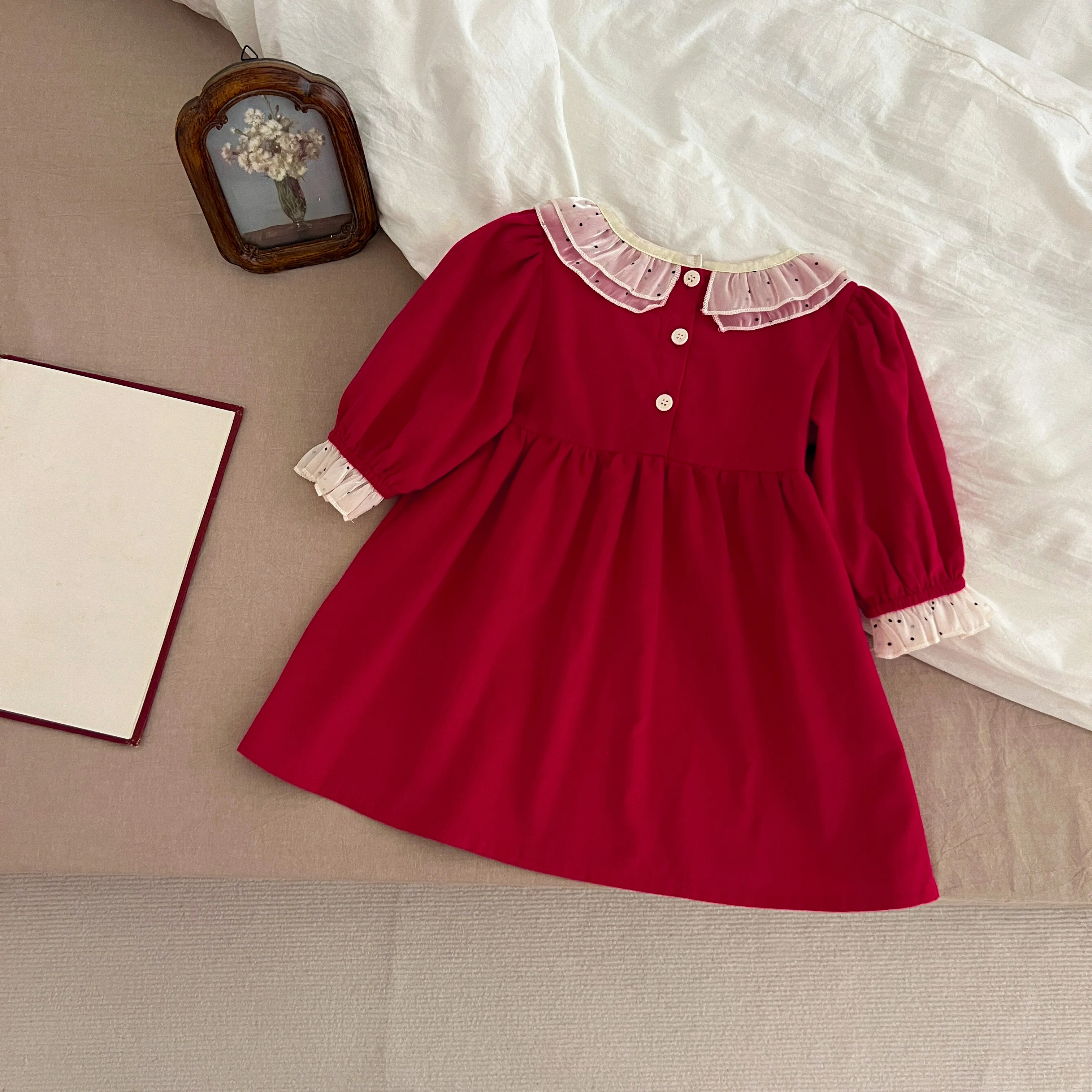 Weihnachten Baby Mädchen Kleidung Kleinkind Baby Strampler Prinzessin Kleid Herbst Spitze Kragen Rot Mädchen Kleid Weihnachten Schwester Kleidung – Detail 4