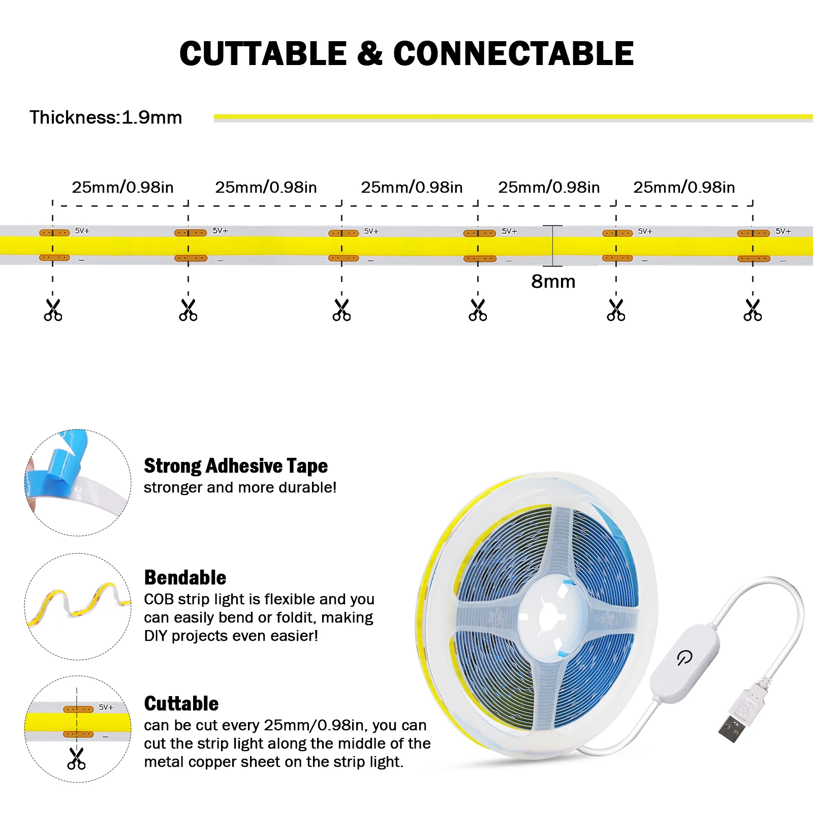 디밍이 가능한 COB LED 스트립 빛 5V USB 유연한 테이프 리본 8MM 320LED/M 고밀도 선형 조명 로프 라이트 캐비닛 백라이트