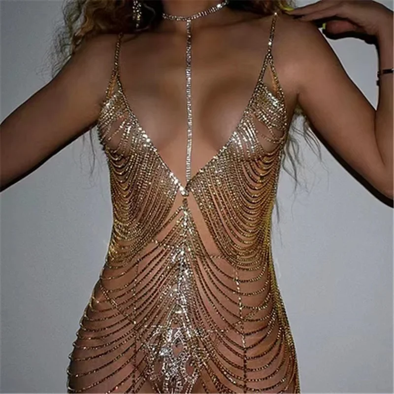 

Women's Luxury Umbilical Tank Top Sparkling Rhinestone Crystal Metal Chain Tassel Sexy Hollow Out Backless Strap Top Jewelry