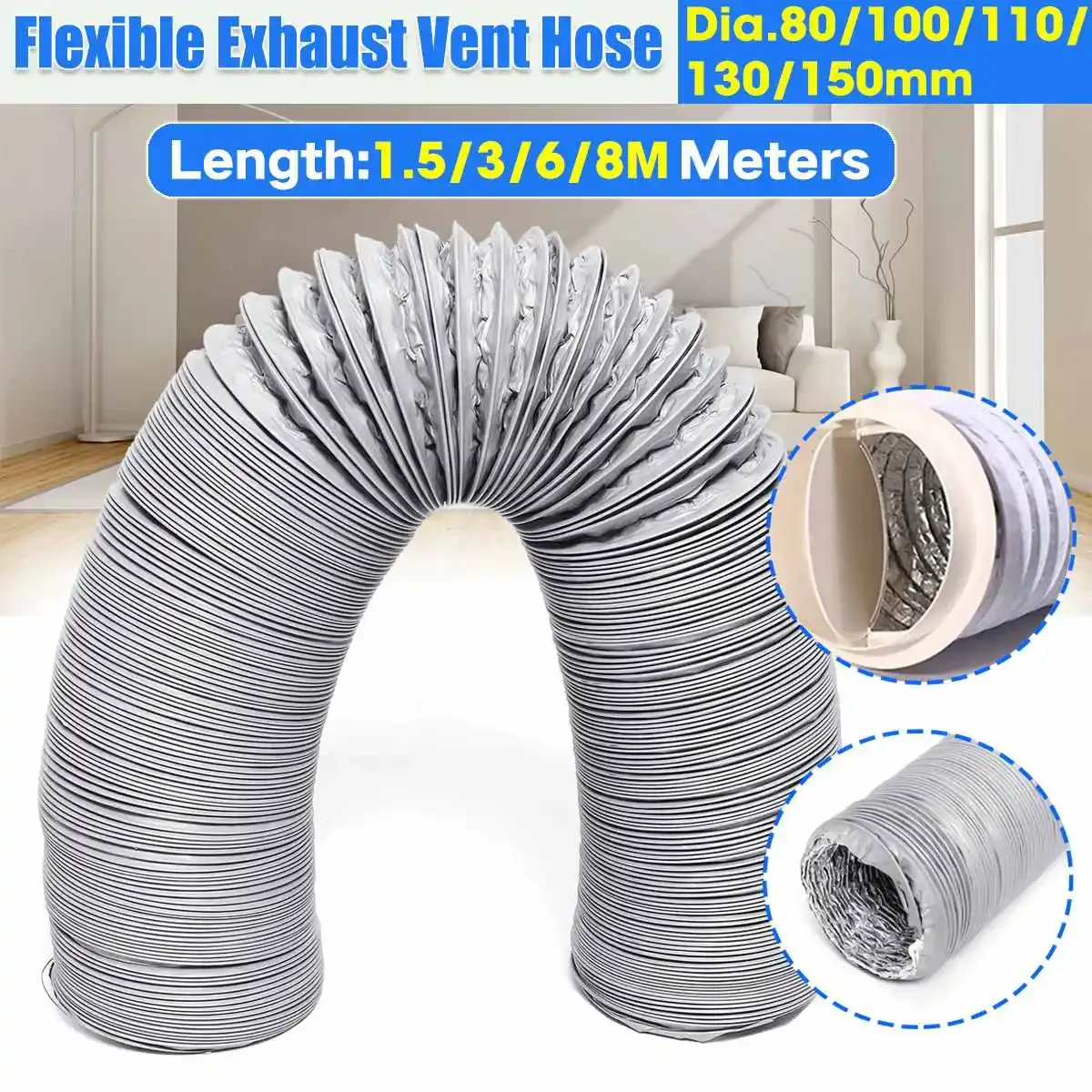 80mm/100mm/110mm/130mm/150mm Portable Air Conditioner Exhaust Vent Pipe Flexible Air Conditioner Exhaust Pipe Vent Hose Outlet aluminum foil ventilation pipe ventilation hose