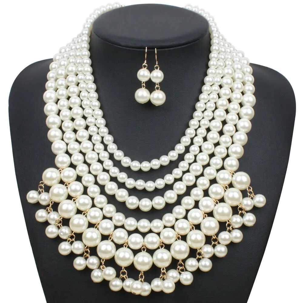 

Large White Pearl Multi Strand Layered Bead Chunky Jewelry Necklace Earrings Set