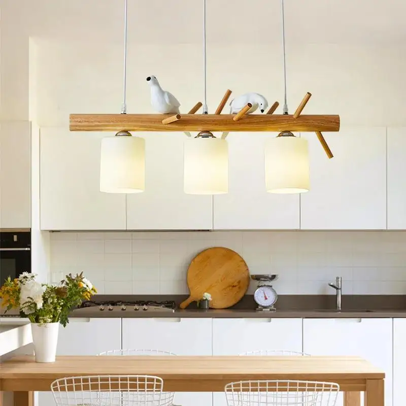 Nordic Birds Restaurant Chandelier Legno Massello Long Strip Lampade A Sospensione Kitchen Island Decor Light Fixture Paralume In Vetro Bianco
