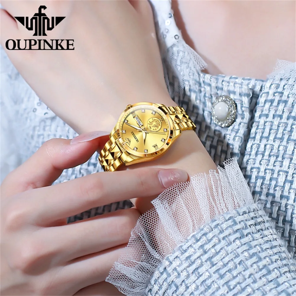 OUPINKE 3259 Japan Automatic Watches For Women Elegant Luxury Tungsten Steel Dual Calendar Real Gold Mechanical Woman Wristwatch