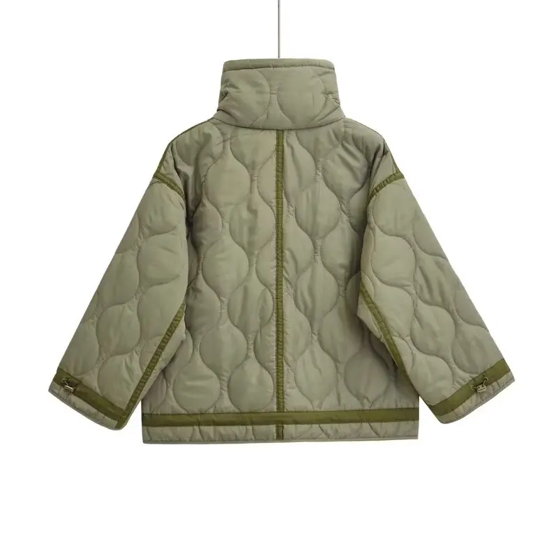 2024 autumn new women's fashion pocket decoration loose long sleeved stand collar diamond grid cotton jacket short jacket 5