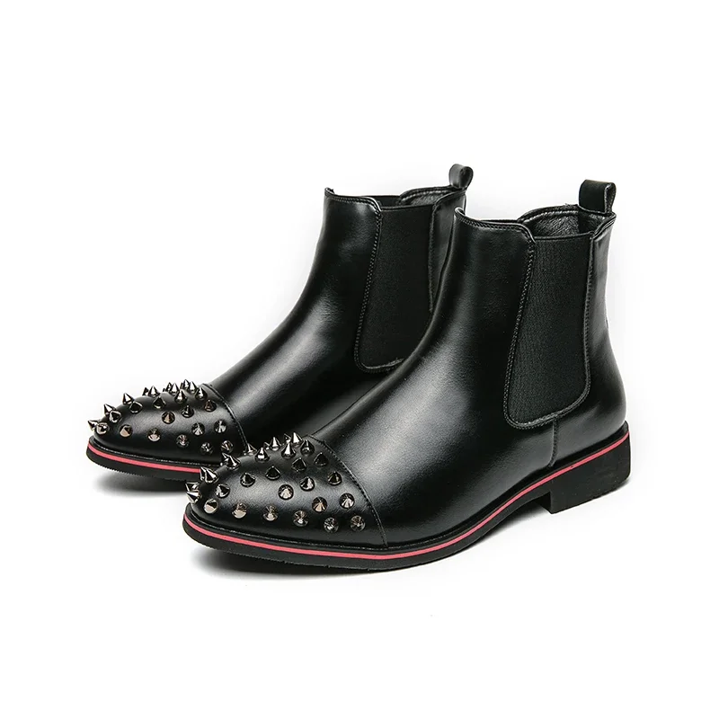 Chelsea Boots Black Rivet Punk Square Toe Slip-On Handmade Low-heeled Men Boots Business Men Shoes