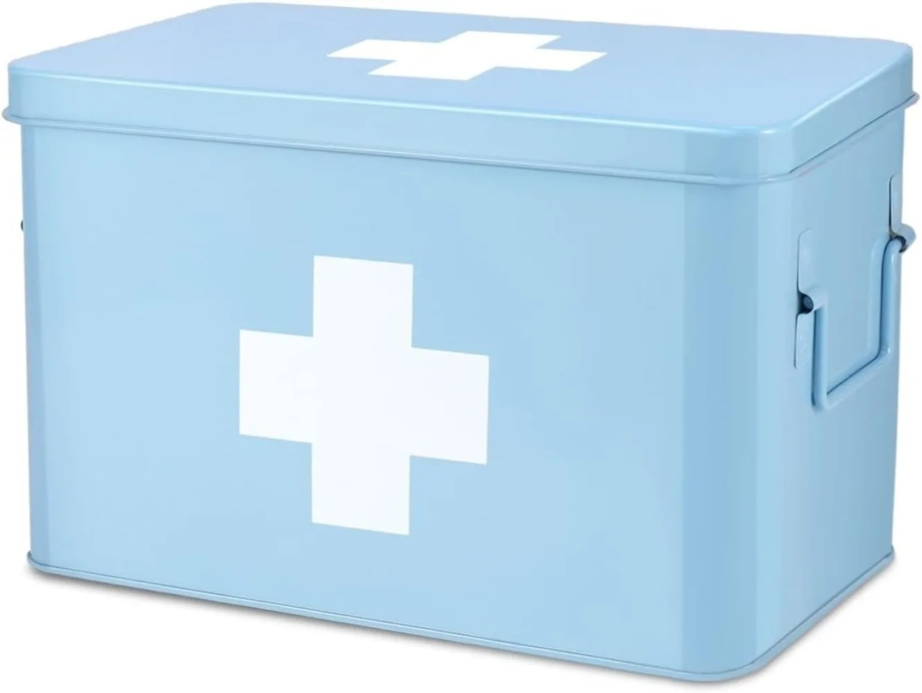 

Flexzion First Aid Medicine Box Supplies Kit Organizer - Empty 13" Blue Metal Tin Medic Storage Bin Hard Case with Removable