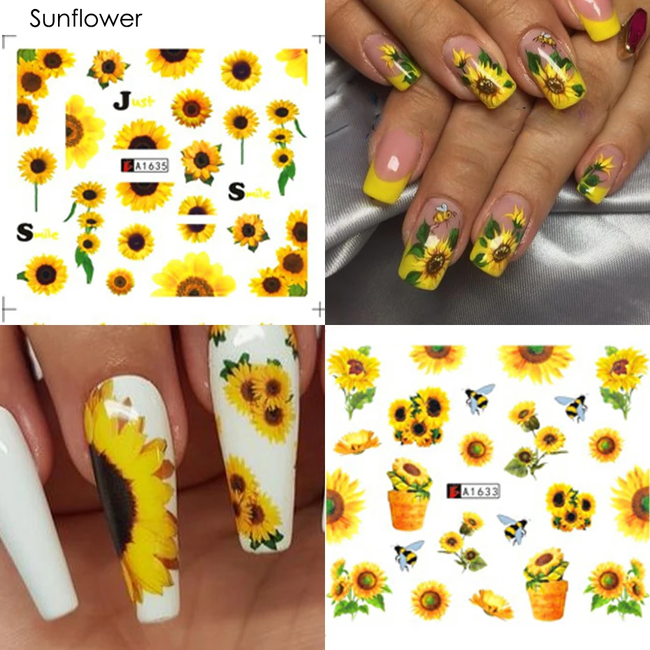 12patterns Sunflower Nail Water Decals Yellow Flowers Sliders for Nails Transfer Sticker Floral Butterfly Bee Manicure Wraps 5