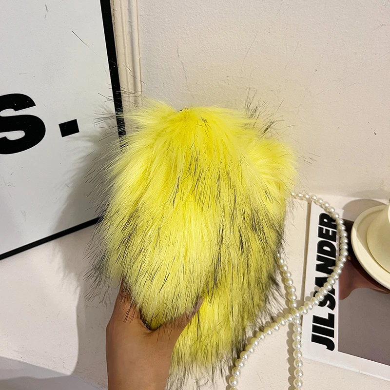 10-farbige weiche Plüschtasche für Damen, Retro-Perlenkette, Umhängetasche, luxuriöse Kunstfell-Abend-Clutch-Tasche, Handtasche, rote Herz-Tasche, Geldbörse – Detail 13