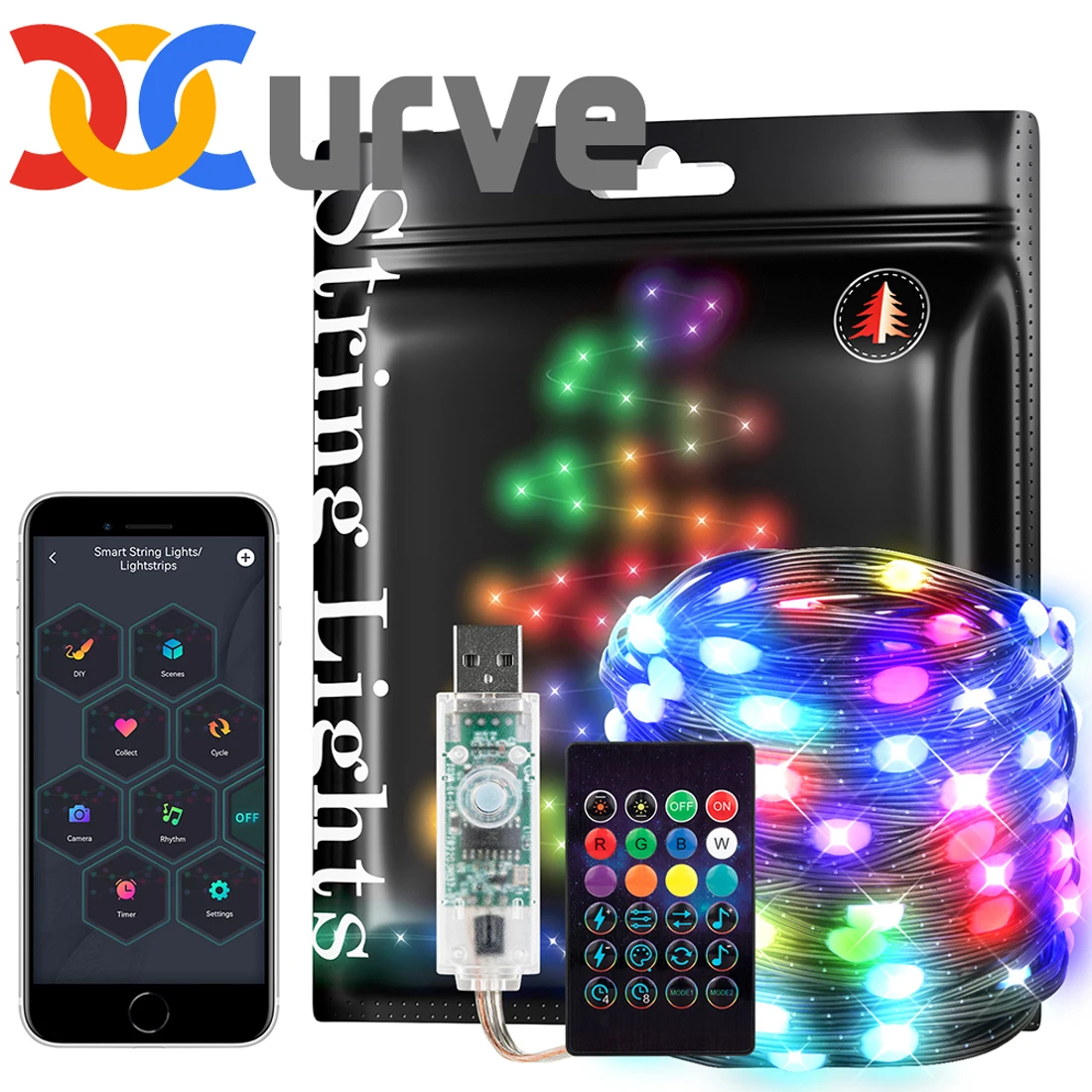  USB Dreamcolor Lights String Bluetooth Music 2m 5m 10m WS2812B RGBIC Lighting Addressable Party Wedding Garland Decoration 5V