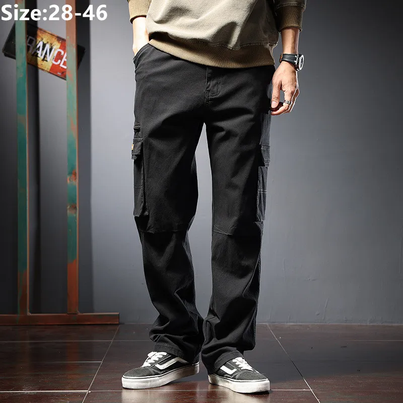 

Прямые хлопковые брюки-карго для мальчиков, черные свободные спортивные тянущиеся брюки большого размера 42 44 46 в Корейском стиле, мужская одежда