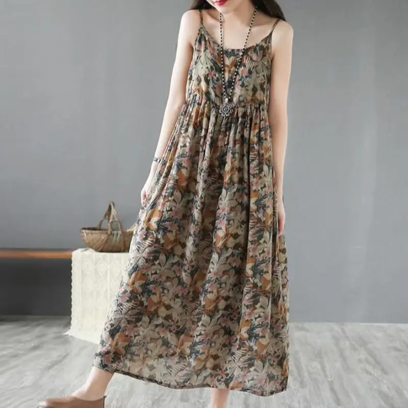 Women's Summer French Floral Waist Vest Dress High-End: Thin Strap Midi/Maxi Length Sleeveless