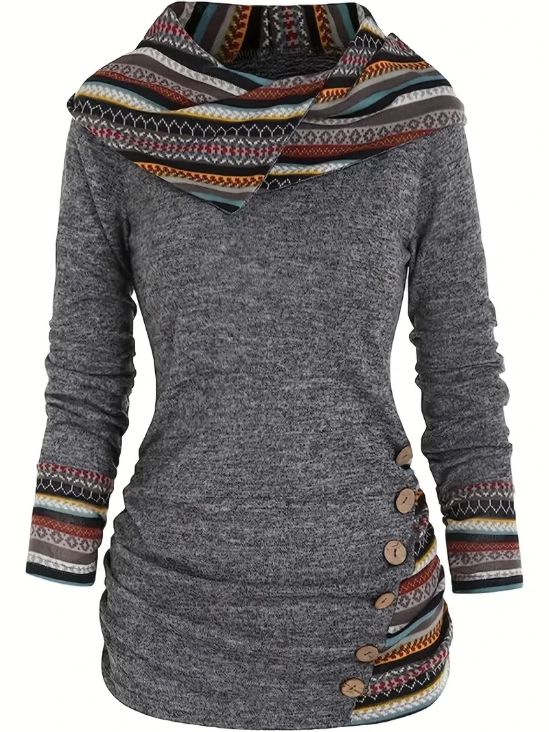 

2023 New Autumn Stripe Splicing Button Decor Hoodie Casual Ethnic Style Long Sleeve Top Tribal Printing Women's Clothing