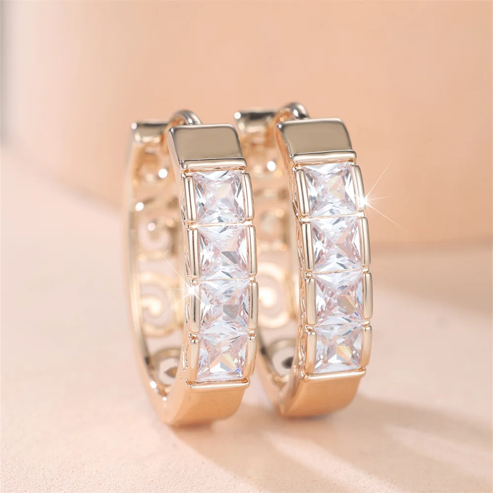 White Zircon Square Stone Luxury Crystal Hoop Earrings For Women Vintage Gold Color Ear Buckle Wedding Jewelry Versatile Gifts