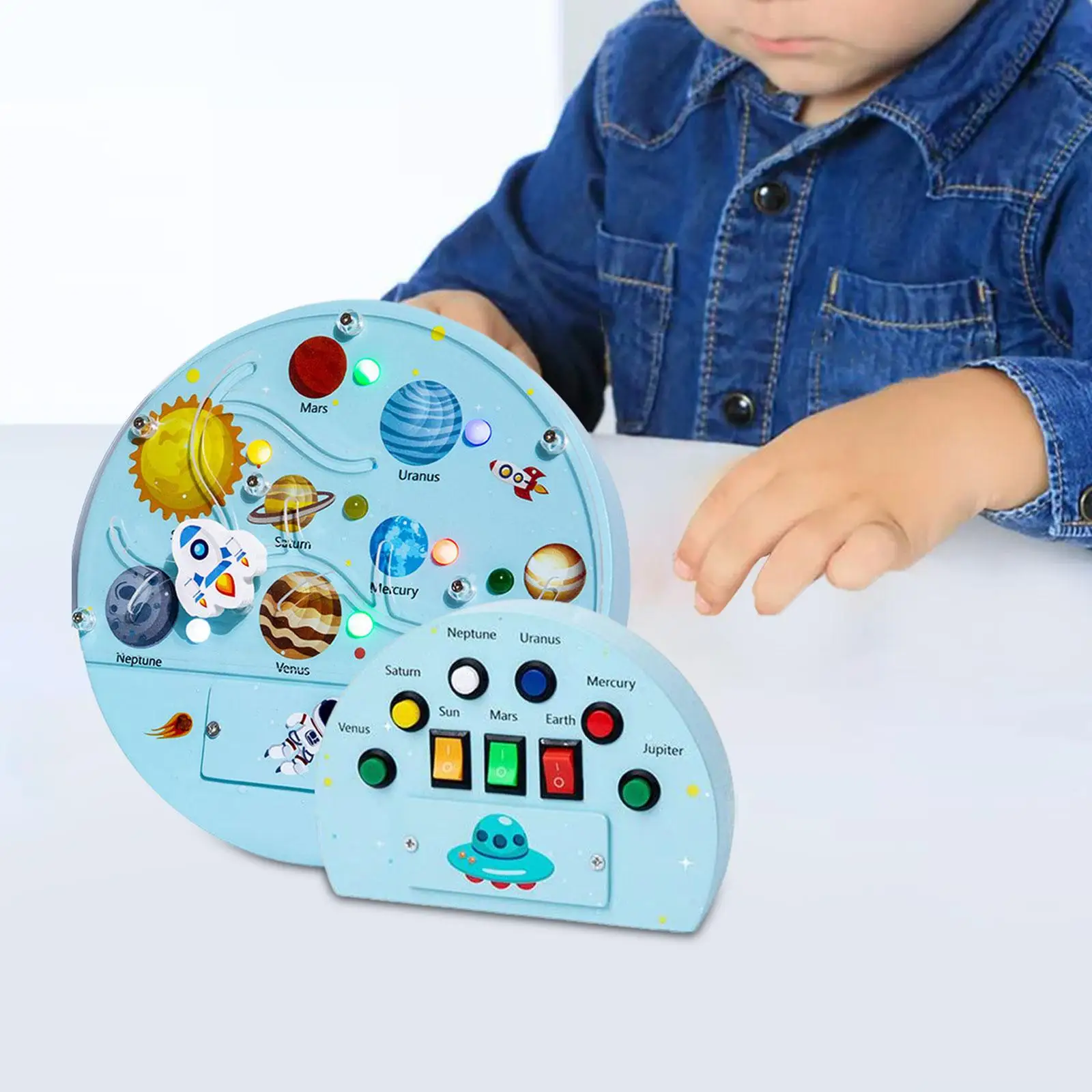 

LED Light up Switch Board Activity Board Sensory Board Space Planet LED Busy Board for Travel Toddlers 1-3 Kids Holiday Gifts